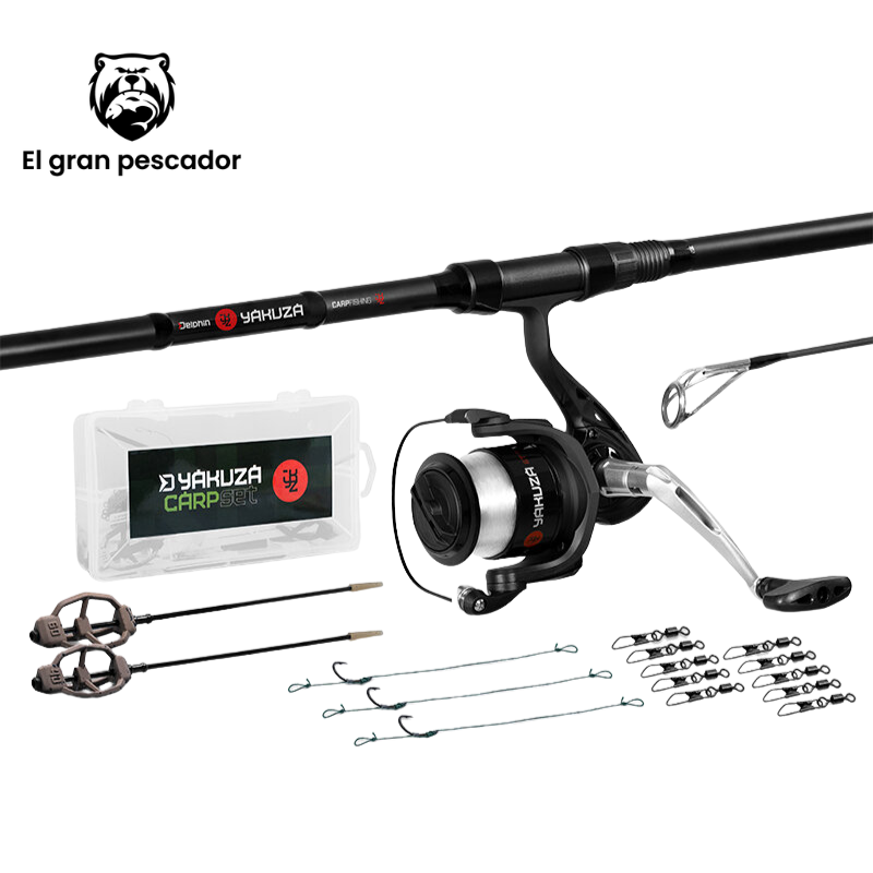 Set Pesca Carpa 12ft 3,60m 3lb + Carrete Hilo + Cebadores + Anzuelos + Emerillones