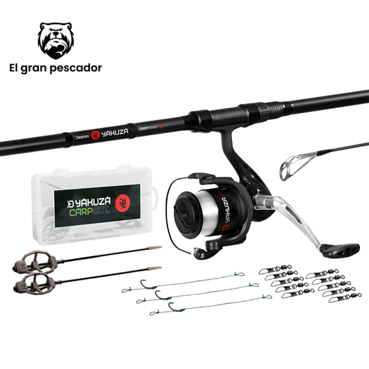 Set Pesca Carpa 12ft 3,60m 3lb + Carrete Hilo + Cebadores + Anzuelos + Emerillones